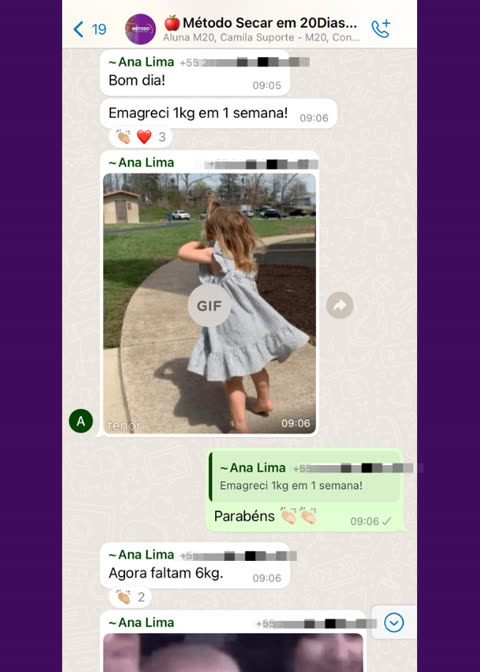 Print de depoimento de aluna que perdeu 1kg em uma semana